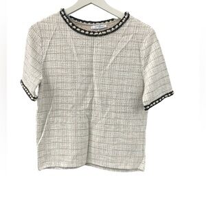 Zara tweed top blouse with pearl trim, size M